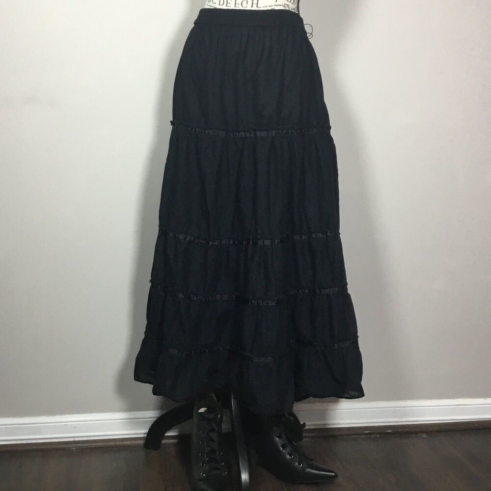 Black witchy tiered maxi skirt ribbons lace detail 100% cotton waist 37"-44" L